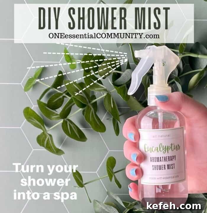 DIY Aromatherapy Shower Mist: Step-by-Step Recipe for Relaxing Scents 4 DIY Shower Mist by oneessentialcommunity.com -- turn your shower into a spa -- shows hand holding shower mist spray over eucalyptus branches