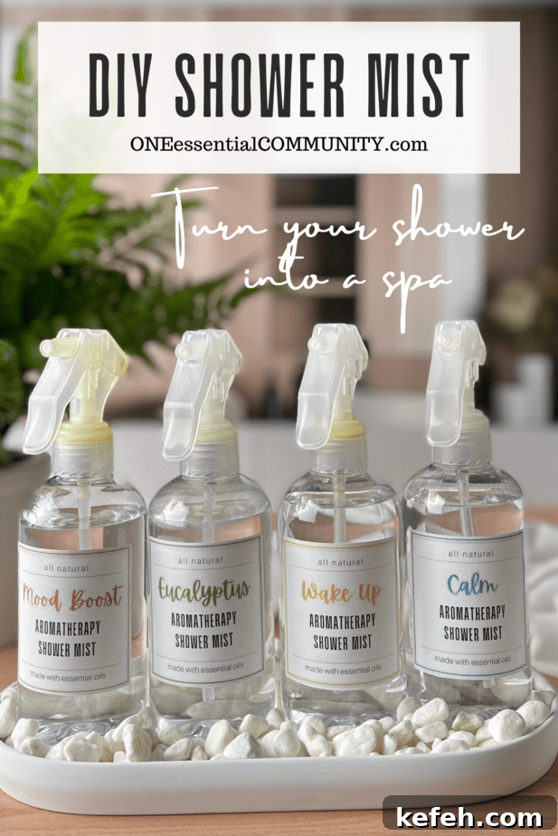 DIY Aromatherapy Shower Mist: Step-by-Step Recipe for Relaxing Scents 5 DIY Shower Mist by oneessentialcommunity.com -- turn your shower into a spa -- shows 4 spray bottles in a tray on spa counter