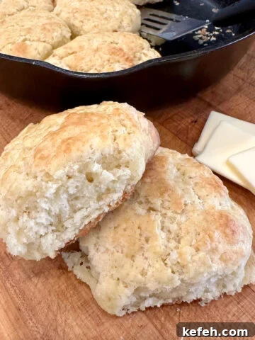 Baked homemade biscuits on a cutting board with a cast iron skillet and butter.