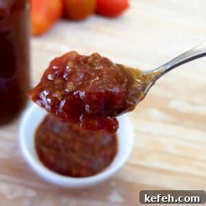 Close up of a spoonful of tomato jam.
