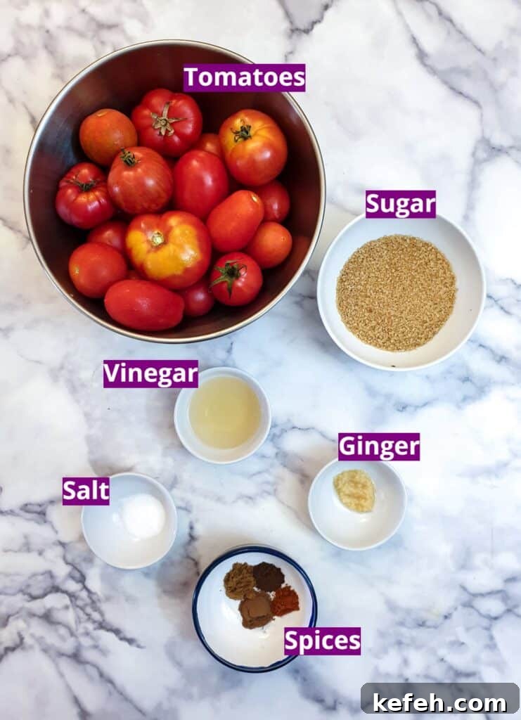 Ingredients for tomato jam.