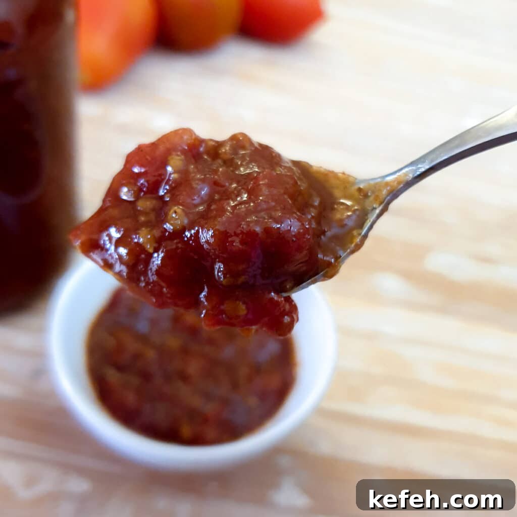 Close up of a spoonful of tomato jam.