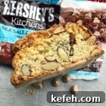 Biscotti dipped in melted Hershey's Sea Salt Caramel Chips.
