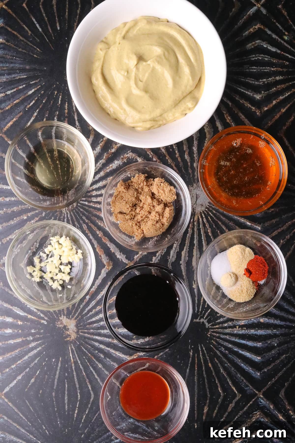 Memphis Honey Gold BBQ Sauce Recipe 3 Ingredients for making Memphis honey gold sauce arranged on a table top.