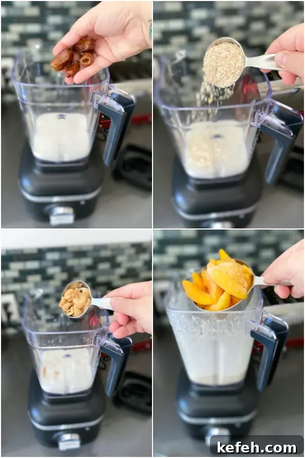 photo collage showing how to make a peach smoothie: add milk and dates to a blender, add oats, cashews, and peaches.