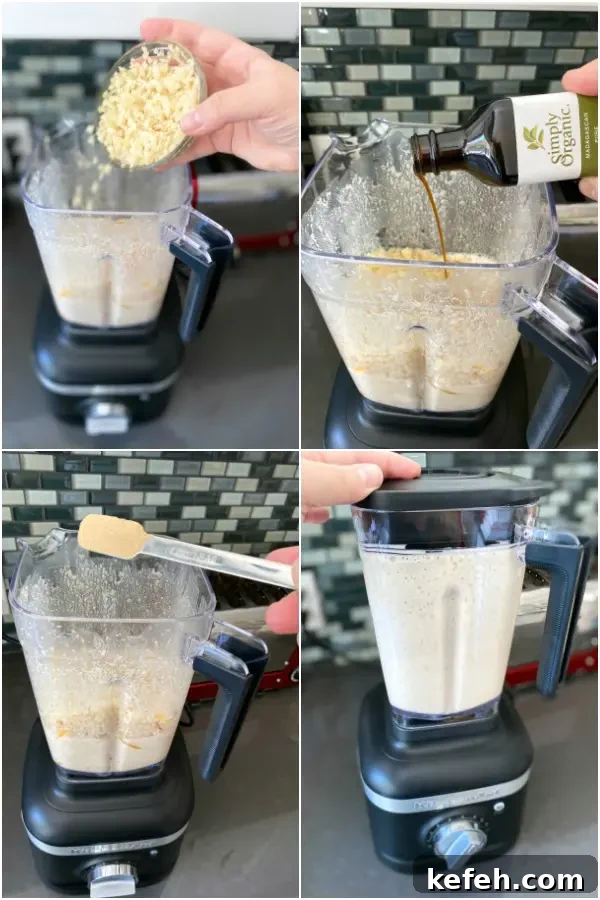 photo collage showing how to make a peach cobbler smoothie: add frozen cauliflower, vanilla, cinnamon, and blend until smooth.