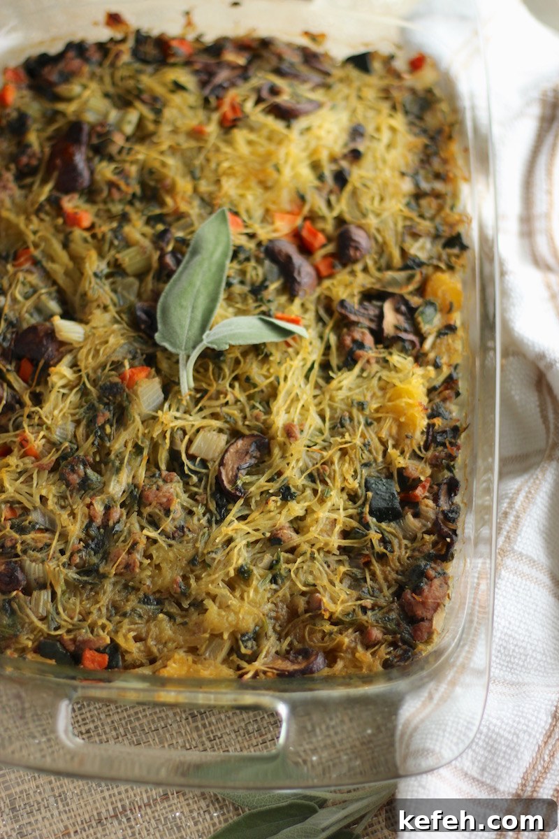 Egg-Free Breakfast Casserole (AIP, Paleo) - This meat and veggie-packed casserole is so flavorful and delicious that you won't even miss the eggs! | fedandfulfilled.com