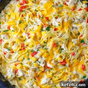 Creamy Chicken Spaghetti Casserole with Cheese and Herbs 6 This easy chicken spaghetti recipe is creamy, flavorful and delicious.