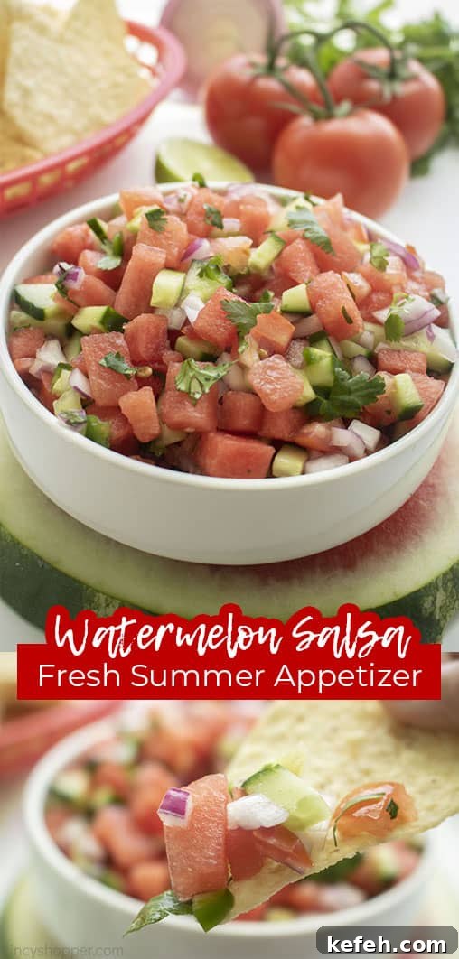 Long pin with text Watermelon Salsa Fresh Summer Appetizer