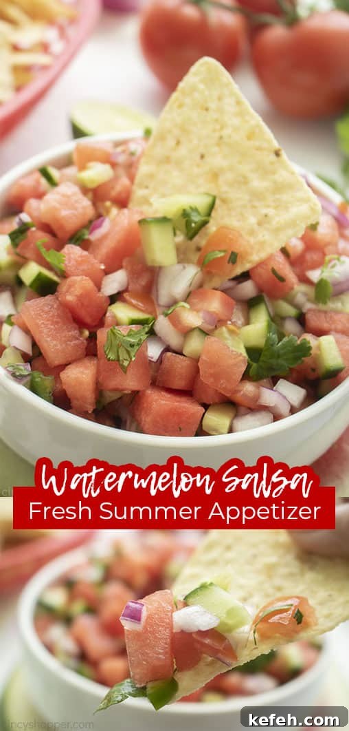 Long pin with text Watermelon Salsa Fresh Summer Appetizer