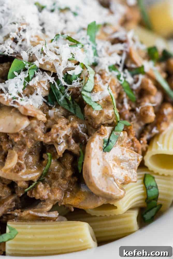 Creamy Sausage Mushroom Rigatoni close-up Close up of Creamy Sausage Mushroom Rigatoni in a white bowl.