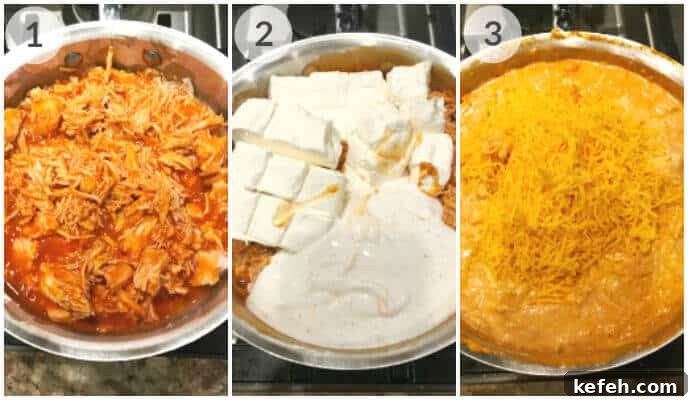 Create a Crock Pot Buffalo Chicken Dip with this three-step process: 1) Shredded chicken in tangy sauce; 2) Added cream cheese with a hint of heat; 3) Mixed it all under a layer of melted cheese.