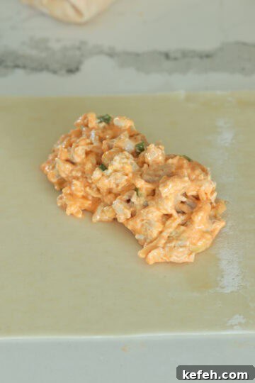 Buffalo chicken mixture in a wrapper.