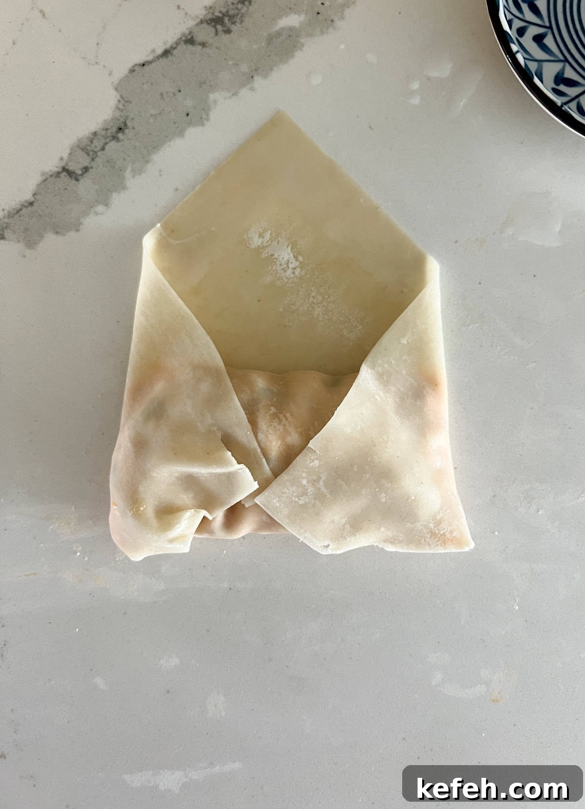 Egg roll folded into an envelope shape with chicken filling inside.