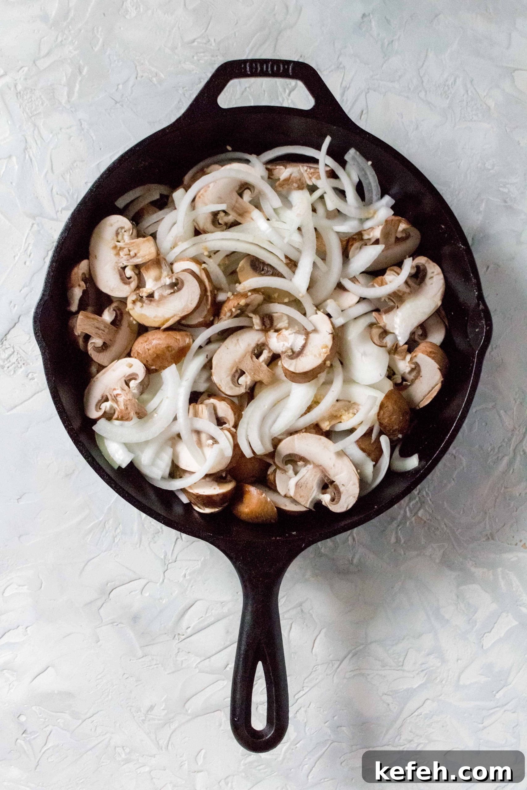 Skillet Chicken with Mushrooms, Peas & Creamy Rice 4 one pot chicken thighs and rice: Back in the cast iron, sauté the mushrooms, onions, and garlic, using the liquid from the olive oil and chicken, for 5 minutes.