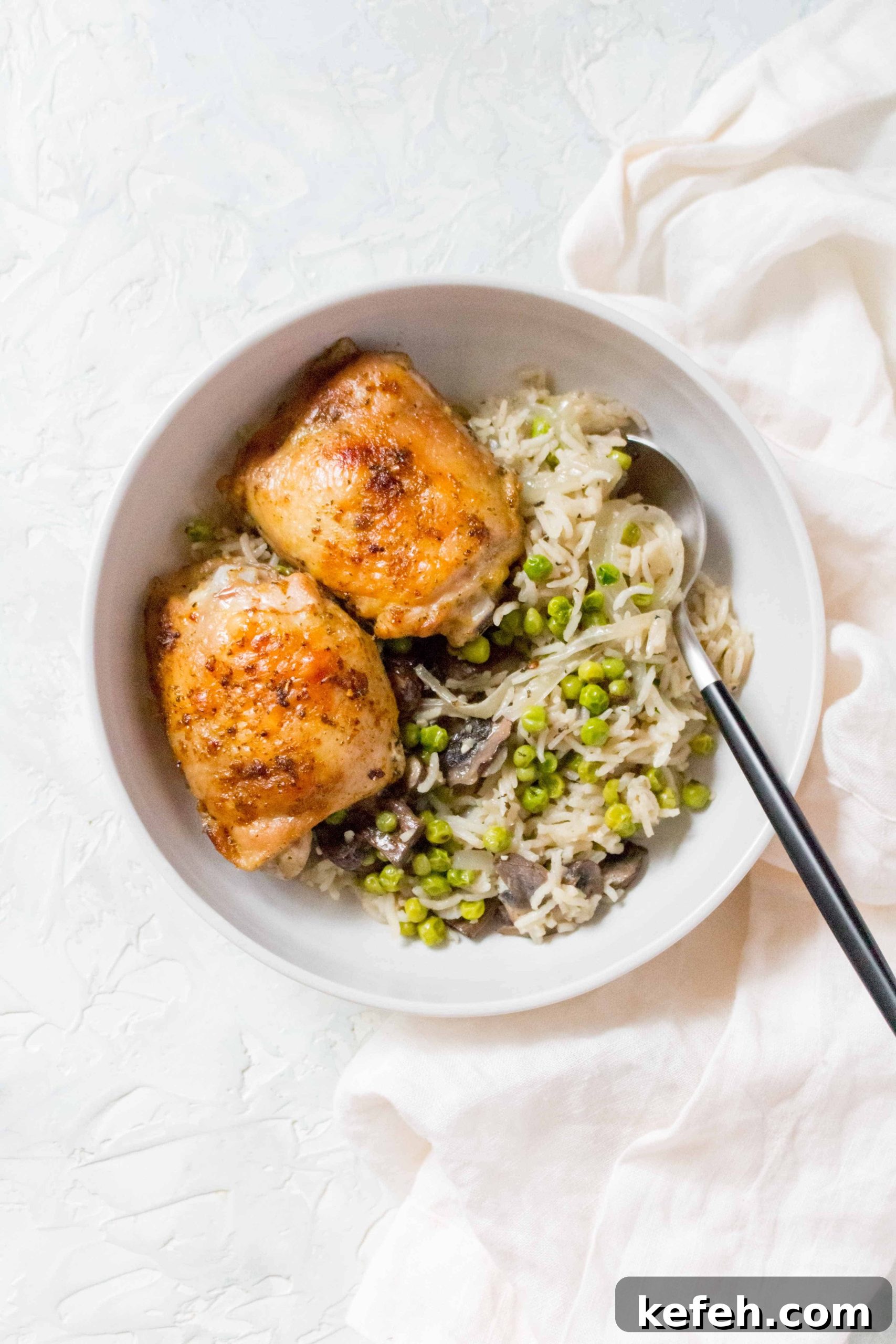 Skillet Chicken with Mushrooms, Peas & Creamy Rice 7 one pot chicken thighs with rice, mushrooms, peas, and onion