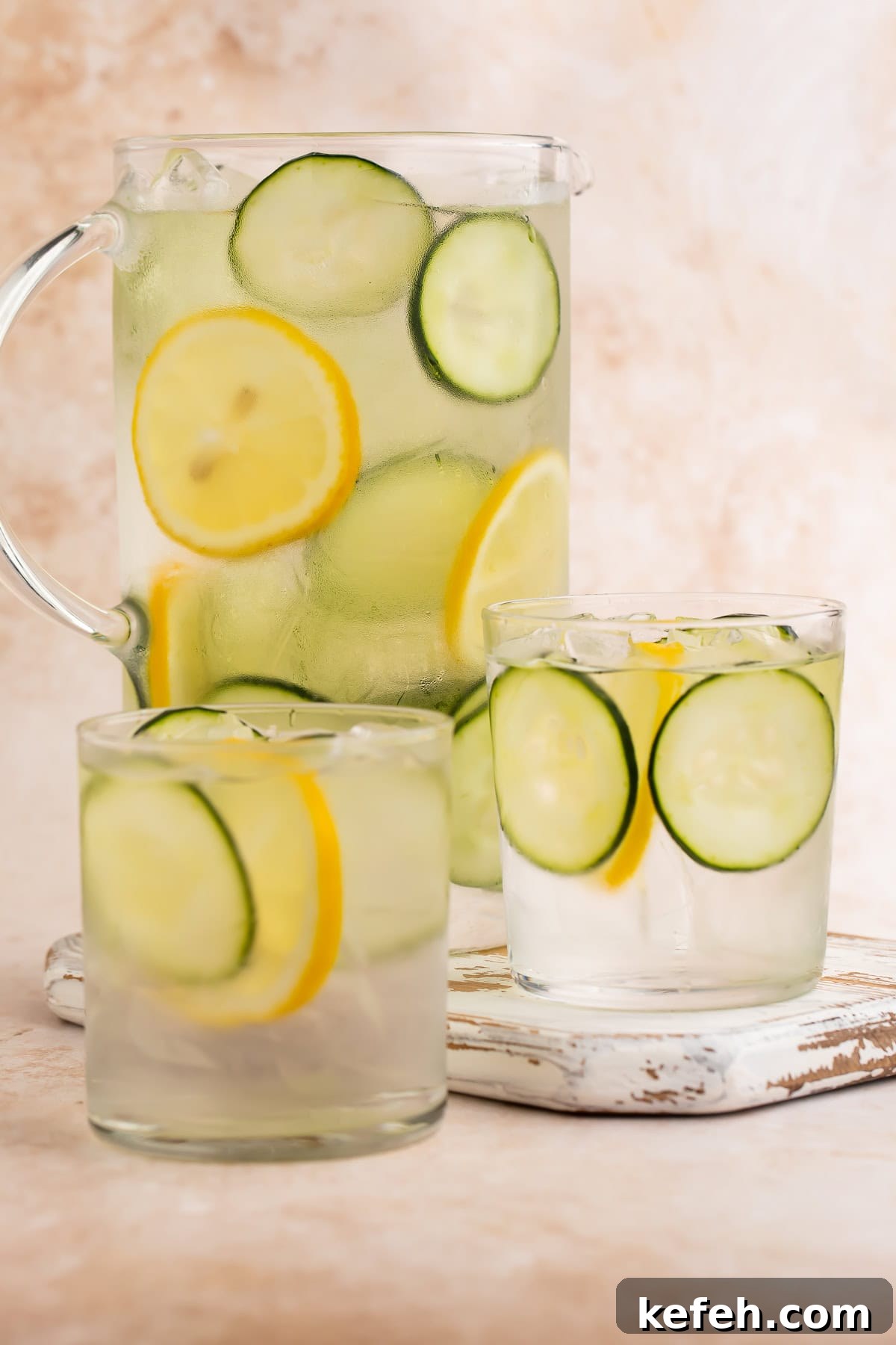 Jug of lemon and cucumber infused water with two glasses of the cucumber water in the foreground. 