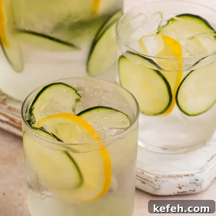 Close up of two glasses of cucumber water with lemon wheels. The jug of infused water is in the background.