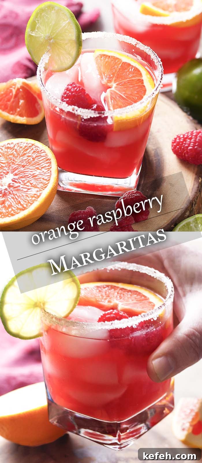 Pink cocktail in a sugar rimmed glass being lifted with text overlay - Orange Raspberry Margaritas.