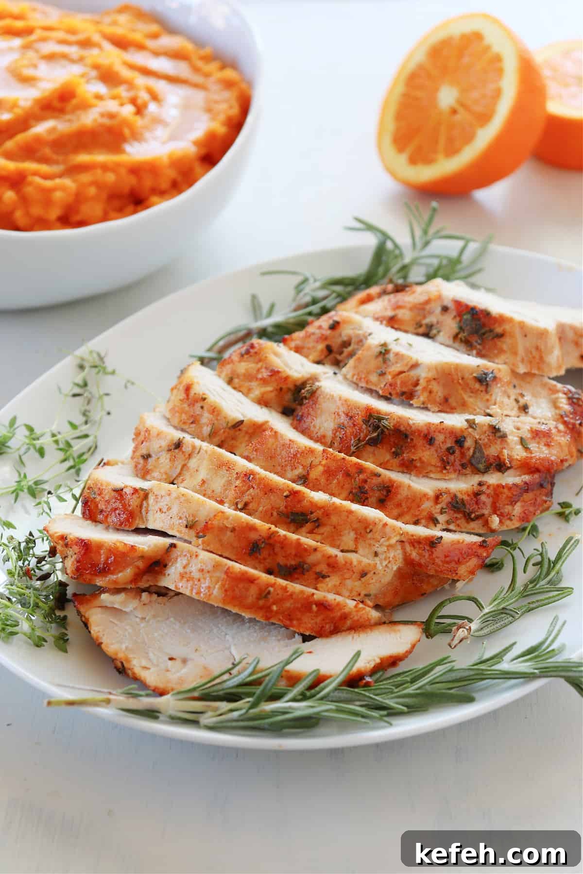 Air Fryer Turkey Breast recipe Turkey breast on a white plate.