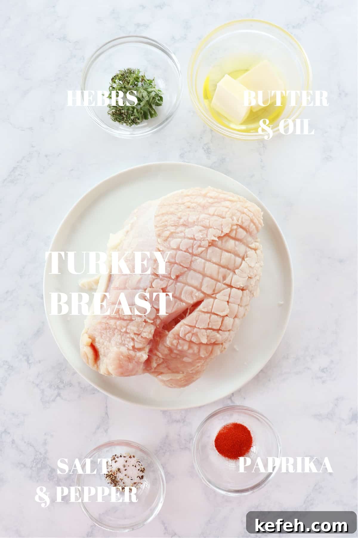air fryer turkey breast ingredients Ingredients for air fryer turkey breast recipe on a marble board.