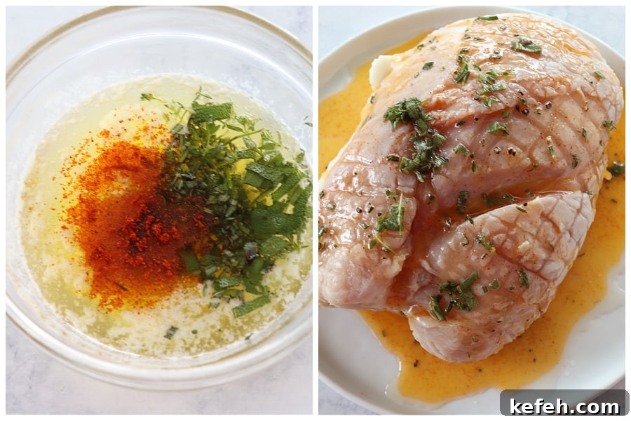 Mix butter with herbs and spices and brush on the turkey breast. Butter and spices mix in a bowl and turkey breast on a plate.