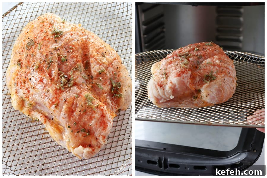 Roast turkey in the air fryer. Seasoned turkey on a rack and in the air fryer.