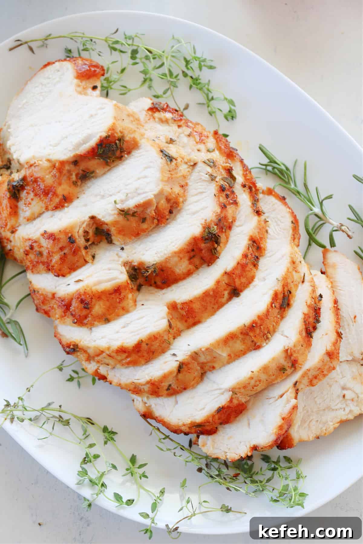 Easy Air Fryer Boneless Turkey Breast Sliced turkey breast on a plate.