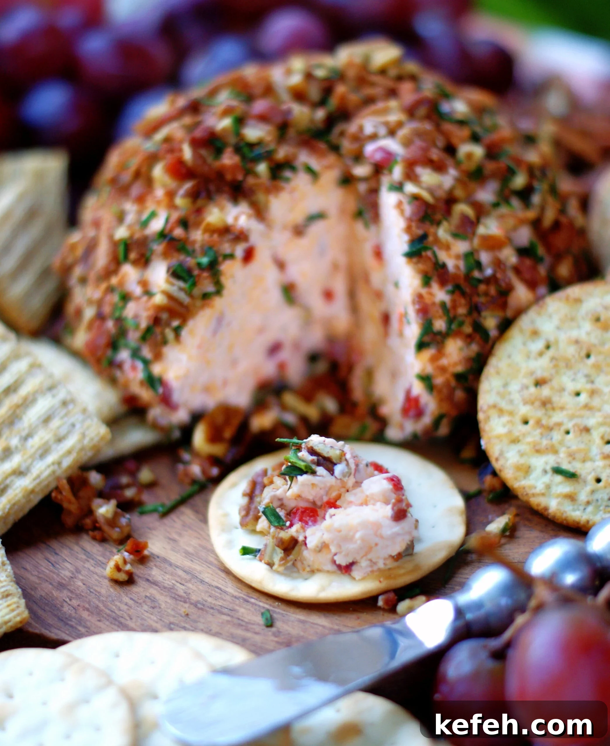 Pimento Cheese Ball made with cream cheese and served on a cracker.