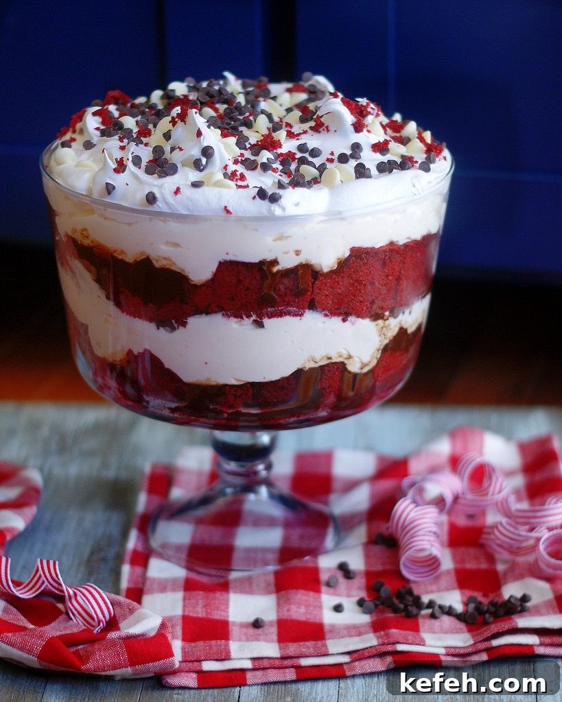 A layered red velvet cake trifle with white chocolate Cheesecake filling