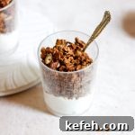 A cup of yogurt topped with homemade granola and a spoon.