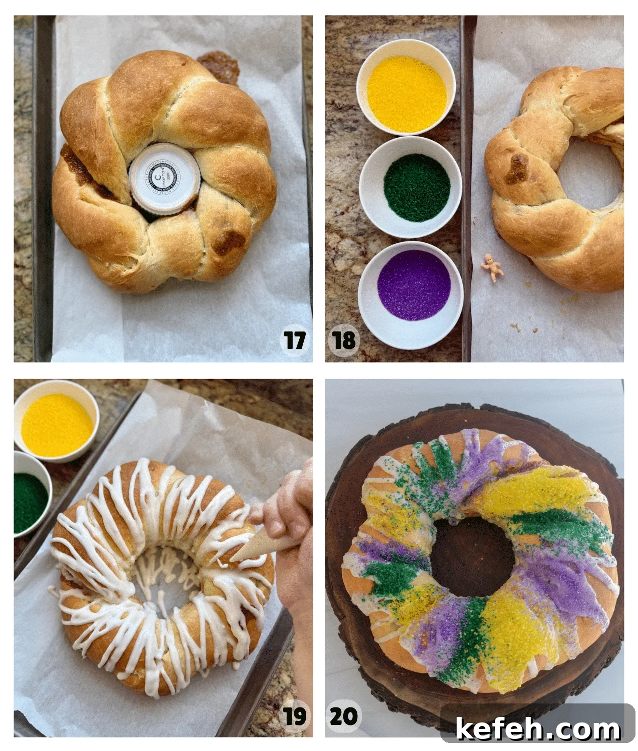 Sourdough King Cake Recipe: How to Make Festive Mardi Gras Bread 10 Decorate Sourdough King Cake with icing and sprinkles after it fully bakes.