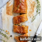 Last-Minute Rosh Hashanah Prep: Quick Guide to Ready Your Home and Table 22 vegetable wellington with 3 slices cut off by a black-handled serrated knife