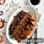 Last-Minute Rosh Hashanah Prep: Quick Guide to Ready Your Home and Table 8 two slices of brisket on white plate with bowl of pomegranate molasses