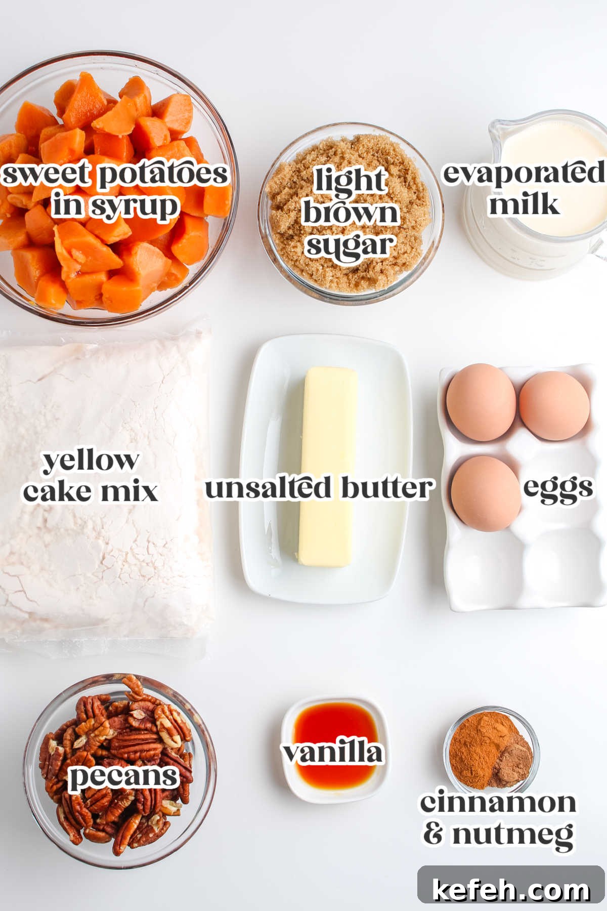 Overhead shot of ingredients for sweet potato dump cake labeled: sweet potatoes, evaporated milk, brown sugar, eggs, cake mix, butter, vanilla, cinnamon, nutmeg, pecans.