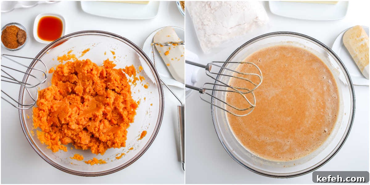 Mashed sweet potatoes in a glass mixing bowl with beaters nearby, surrounded by vanilla, spices, and butter.