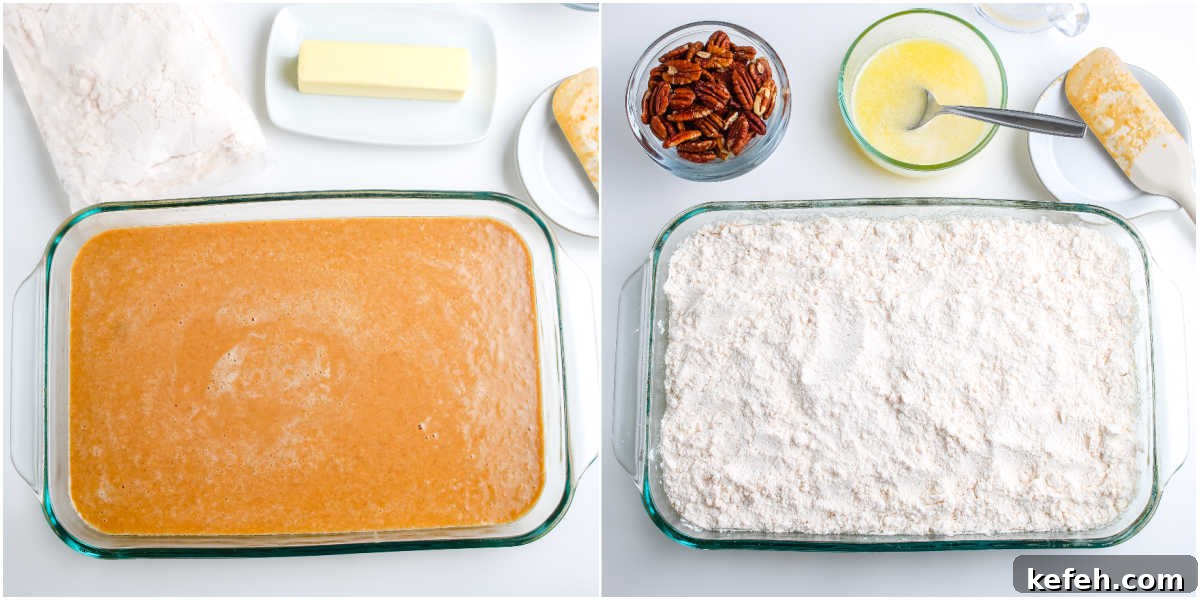 Baking dish filled with the spiced sweet potato mixture before adding topping.