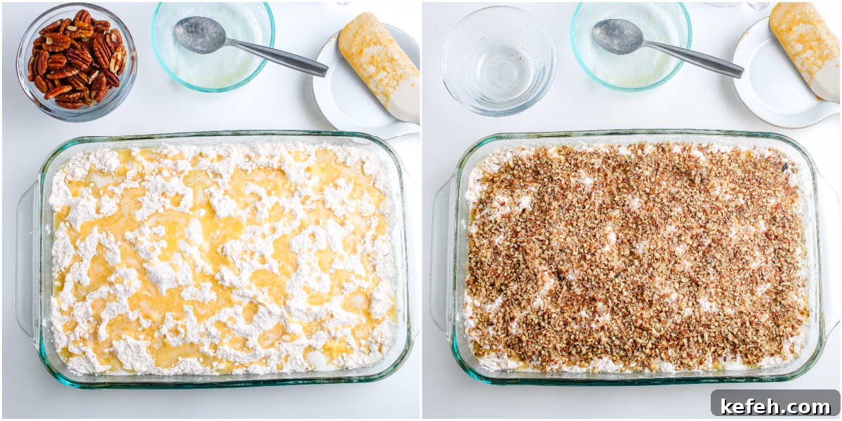 Unbaked dump cake with dry yellow cake mix sprinkled evenly over sweet potato layer.