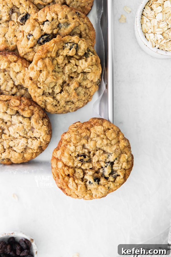 overhead shot of baked gluten free oatmeal raisin cookies on a silver metal sheet pan