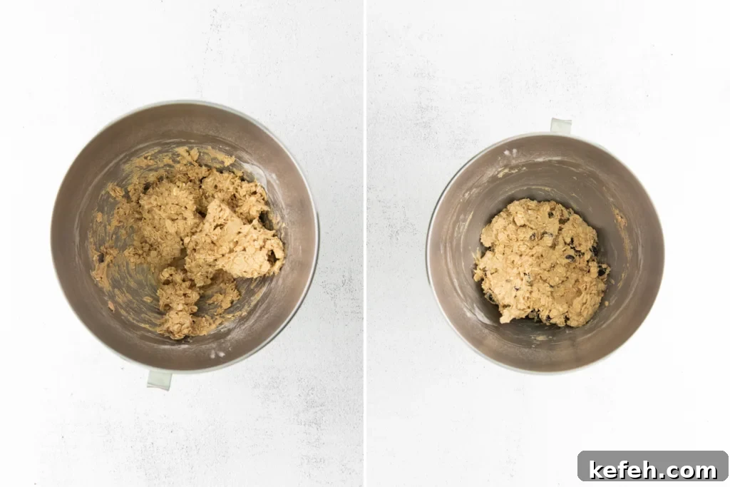 overhead shot of 2 images showing the process of mixing the cookie dough for gluten free oatmeal raisin cookies