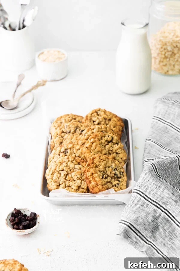 gluten free oatmeal raisin cookies piled on a small silver metal sheet pan lined with white parchment paper