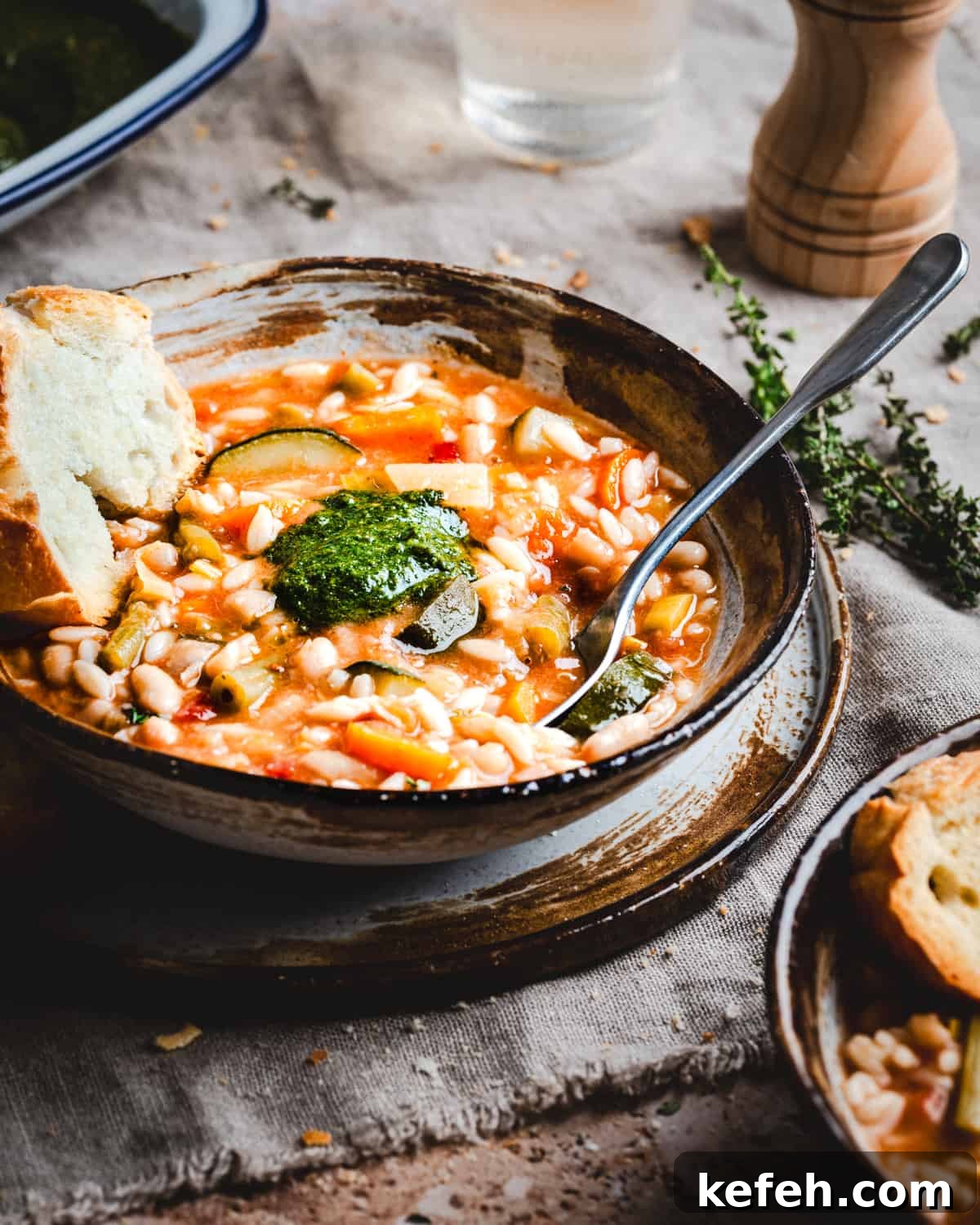 Classic French Pistou Soup Recipe: Provençal Vegetable Stew with Basil 2 Soupe au Pistou served in a brown and gray ceramic bowl and photographed at an angle.