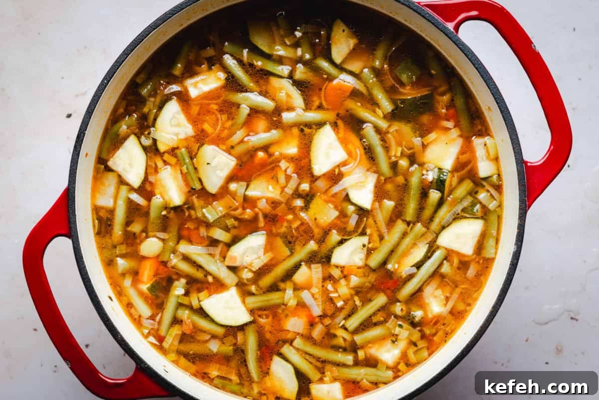 Classic French Pistou Soup Recipe: Provençal Vegetable Stew with Basil 11 simmered soup ready to add beans and pasta.