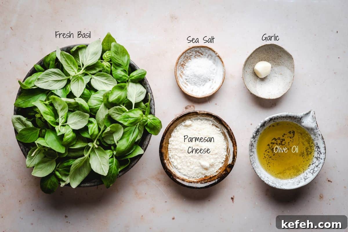 Classic French Pistou Soup Recipe: Provençal Vegetable Stew with Basil 4 Pistou Ingredients on a granite surface.