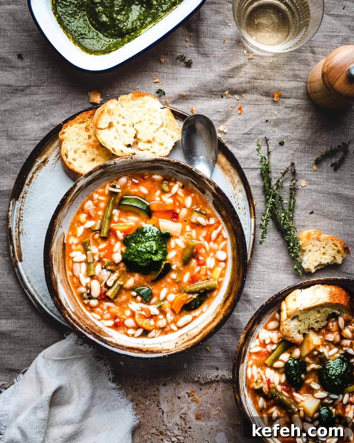 Classic French Pistou Soup Recipe: Provençal Vegetable Stew with Basil 5 Soupe au Pistou served in brown and gray ceramic bowls and photographed from the top.
