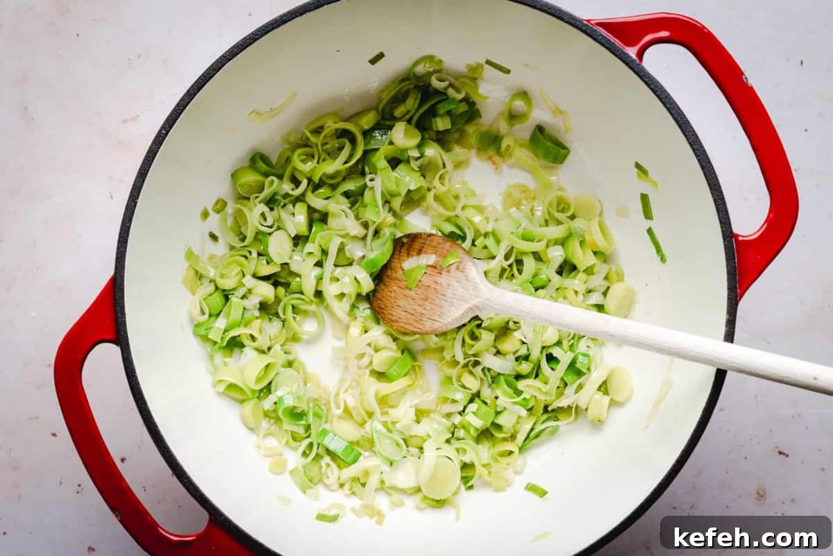 Classic French Pistou Soup Recipe: Provençal Vegetable Stew with Basil 7 tender leeks in soup pot.