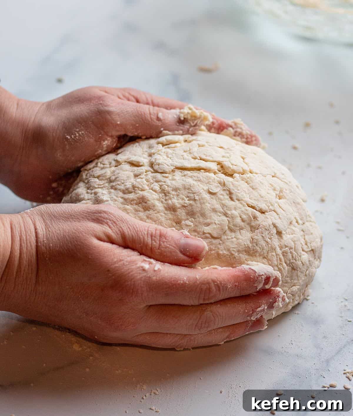 Two hands forming a loaf of soda bread.