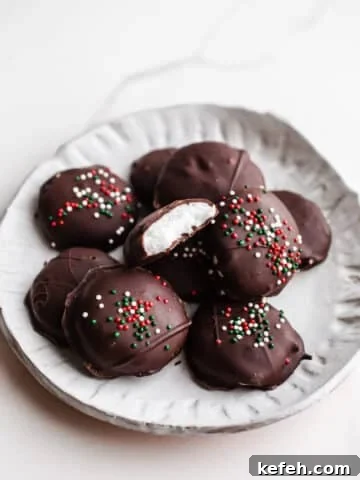 Chocolate peppermint patties on a white plate.