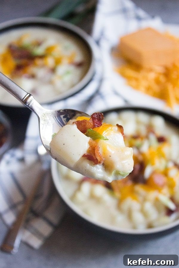 Loaded Potato Soup close up of Loaded Potato Soup on a spoon