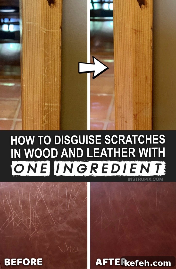 Useful Life Hack: How to removes scratches on wood and leather with one simple ingredient! This easy household tip works like a charm for furniture, cabinets and more. DIY Homemade Wood & Leather Scratch Repair #instrupix #lifehacks 